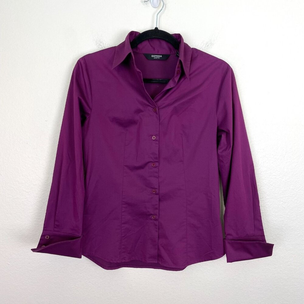 Express Stretch Womens Size 3/4 Purple Button Up Shirt French Cuff‎ Blouse Top